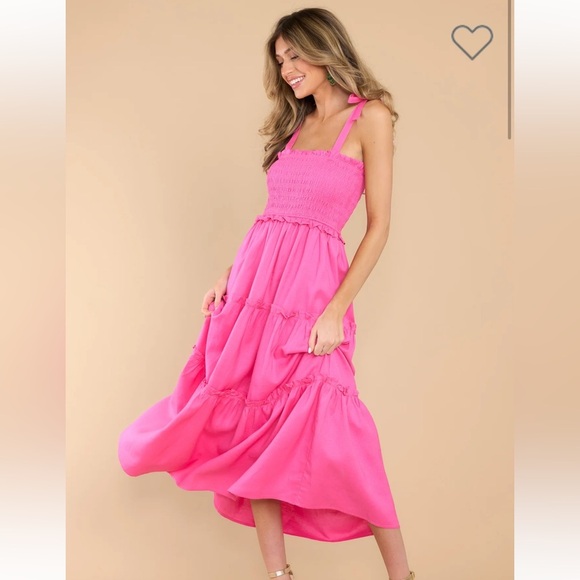 NEW Pink Smocked Midi Dress - Picture 4 of 7